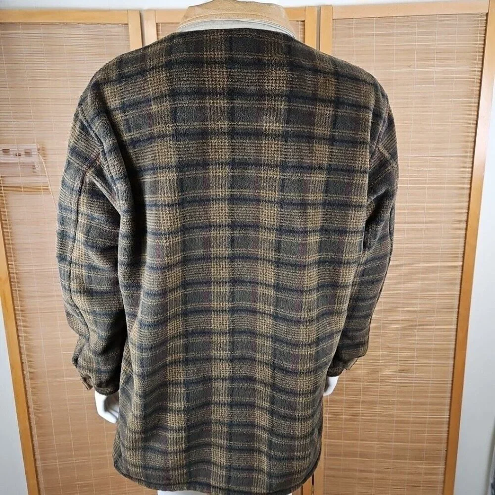 Orvis Fleece Teddy Jacket Mens XL Brown Black Plaid Faux Suede Utility Vintage - Picture 3 of 13